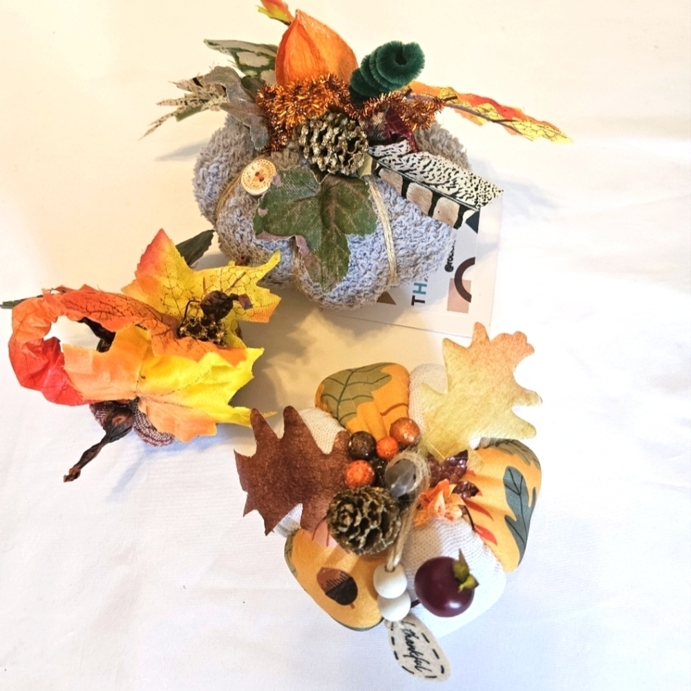Hand Crafted Fabric Pumkins trio holiday decor harvest motif fall handmade art - Picture 2 of 16